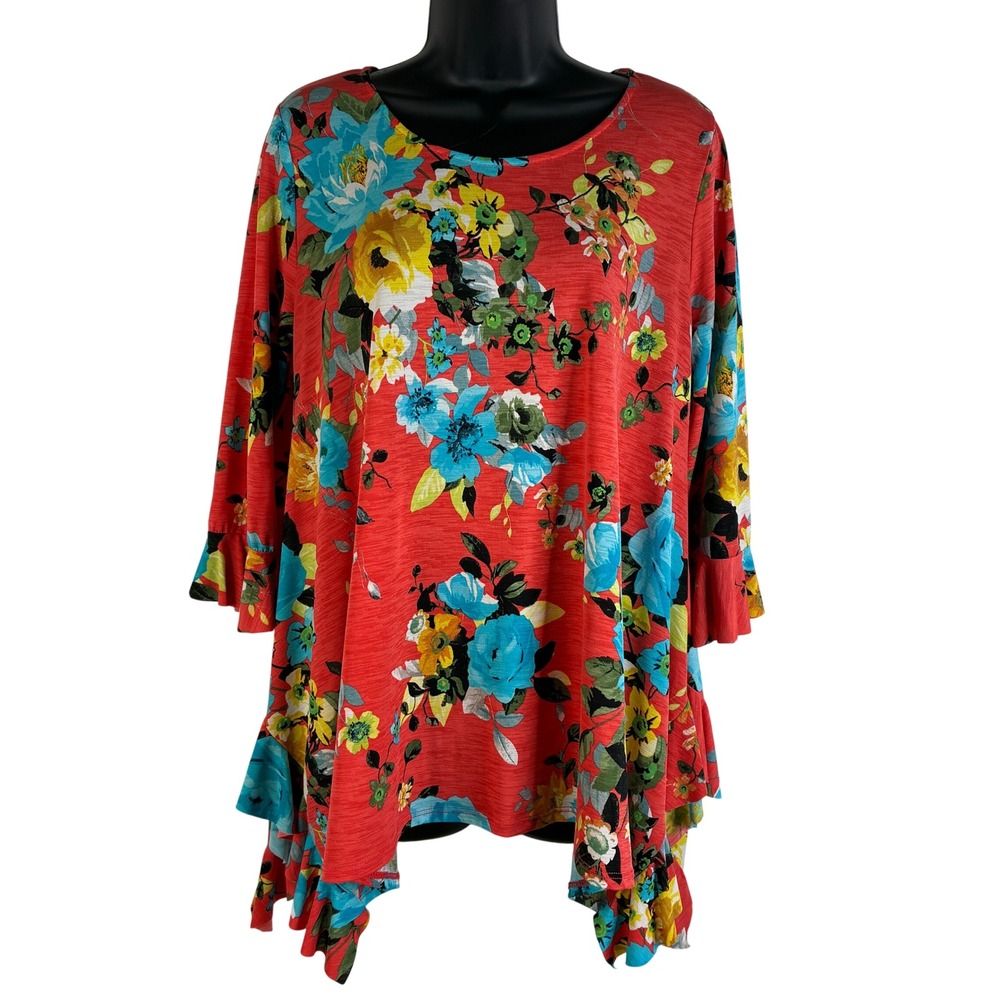 Honeyme Womens Red Floral‎ Tunic Top Ruffle Bell Sleeve Asymmetrical Hem Size Sm